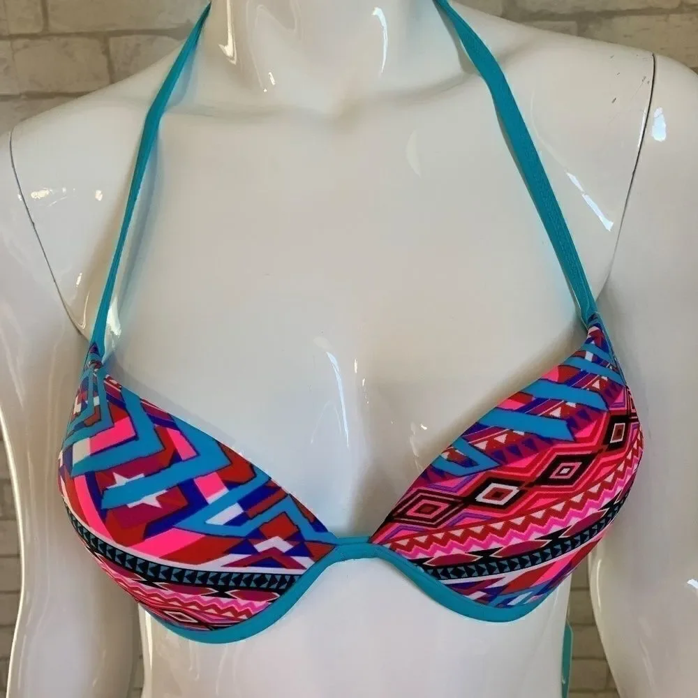NWT Belle‎ D'Azure Teal/pink Aztec print bikini top  - M/8